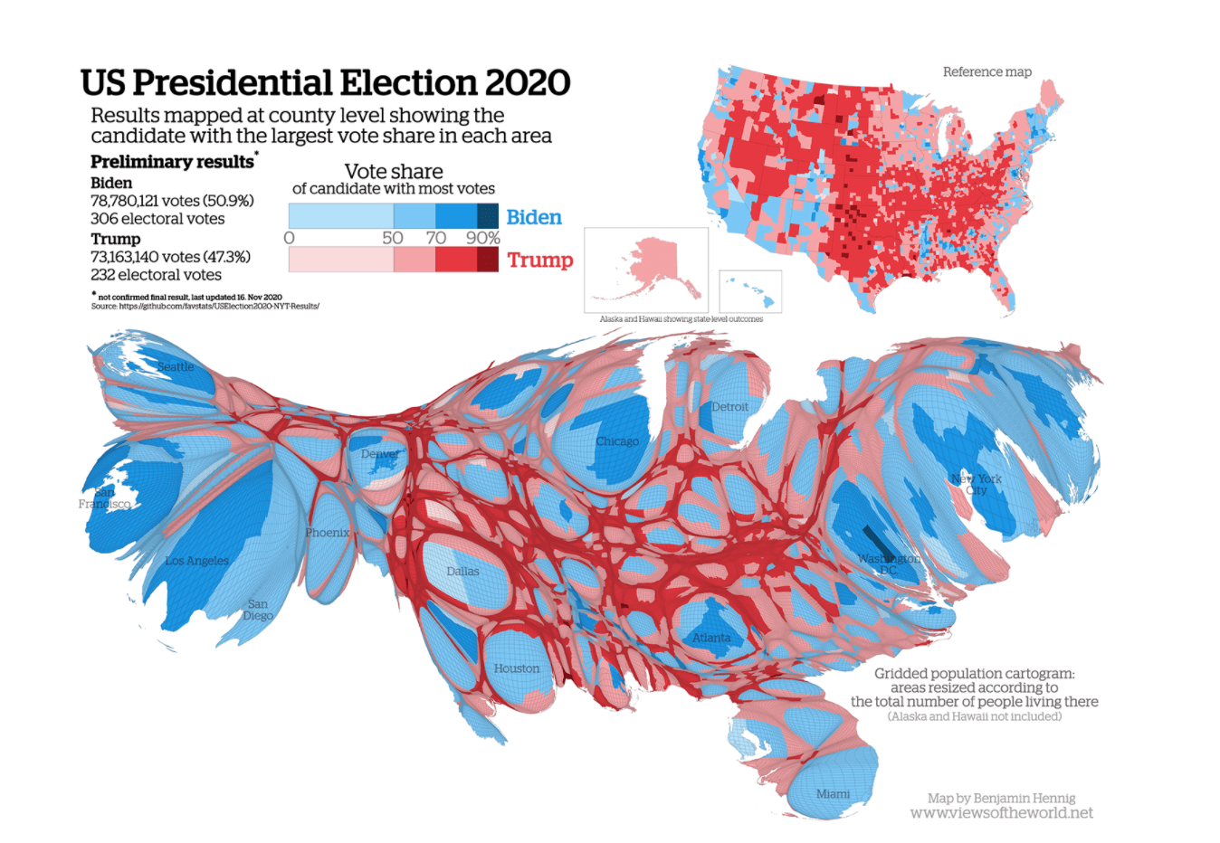 Cartogramme dataviz US élections